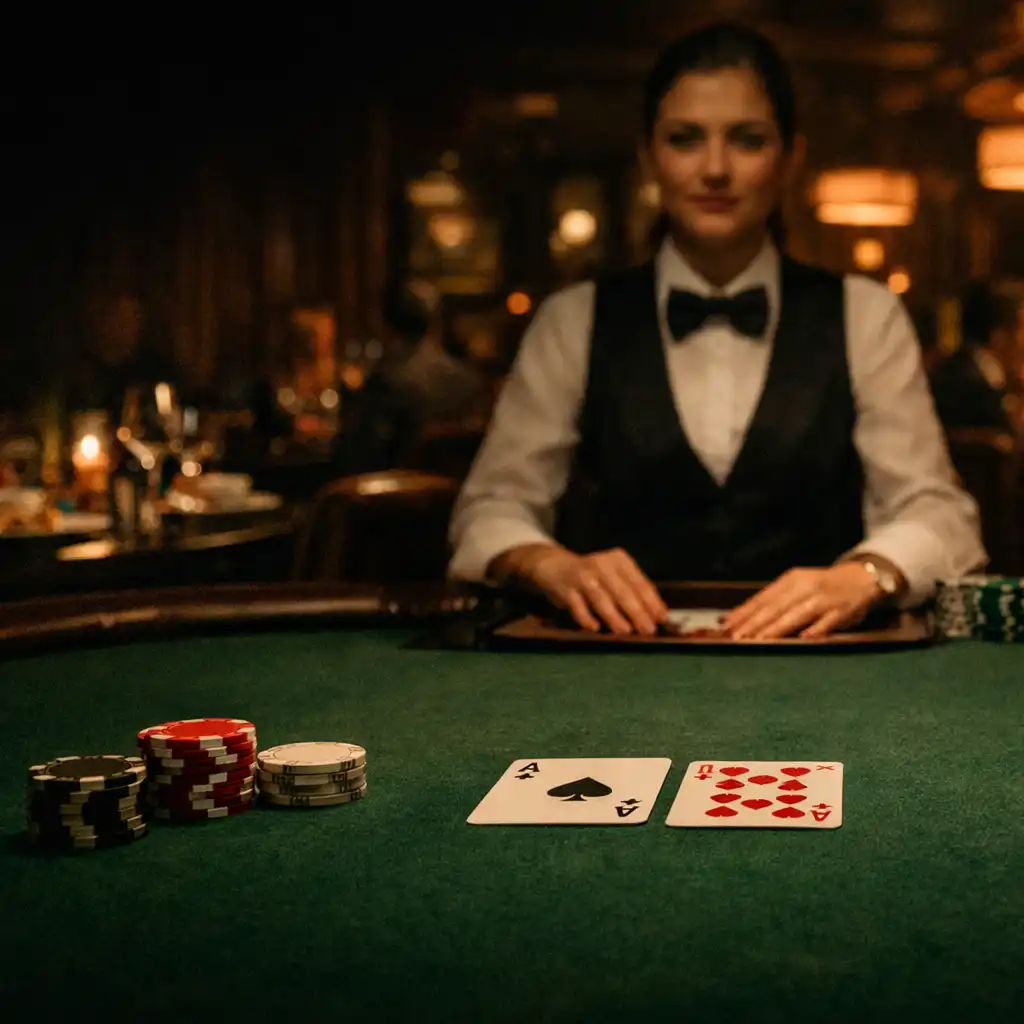 Dealer-side green felt poker table with cards and chip stacks in a warmly lit restaurant card room