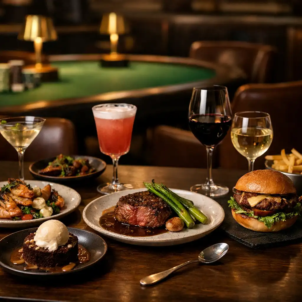 Modern Australian dinner spread with share plates, steak, burger, desserts, cocktails and wine in a warmly lit card-room restaurant