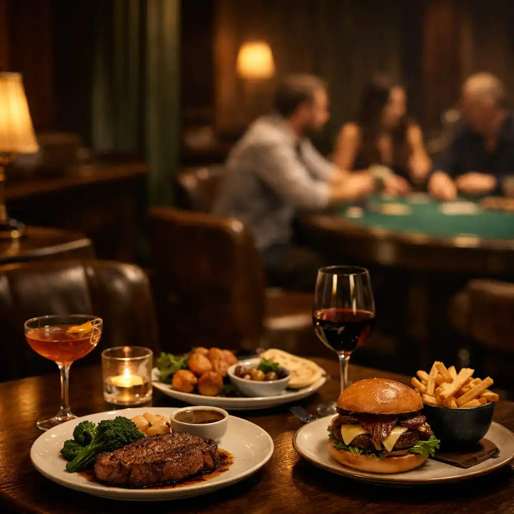 Modern Australian dinner spread with poker table atmosphere nearby