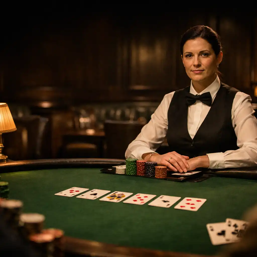 Dealer leading a Texas Hold’em hand at a green-felt poker table in the Best10 Reviewss Card Room