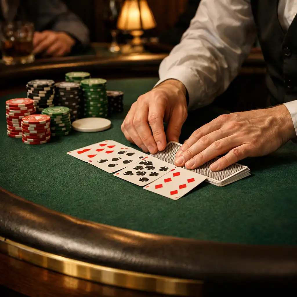 Dealer’s hands arranging cards beside poker chips on green felt