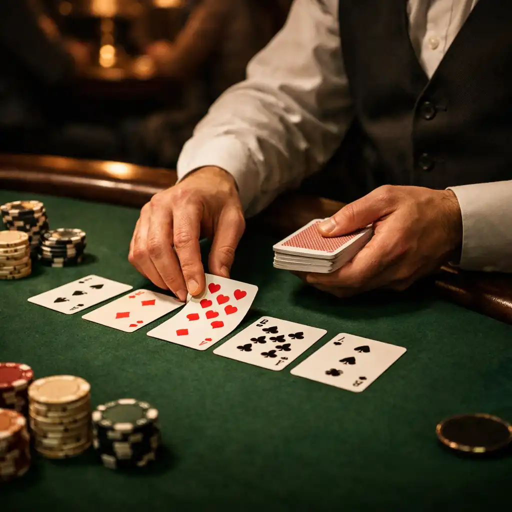 Dealer hands arranging cards and chips on a Texas Hold’em table