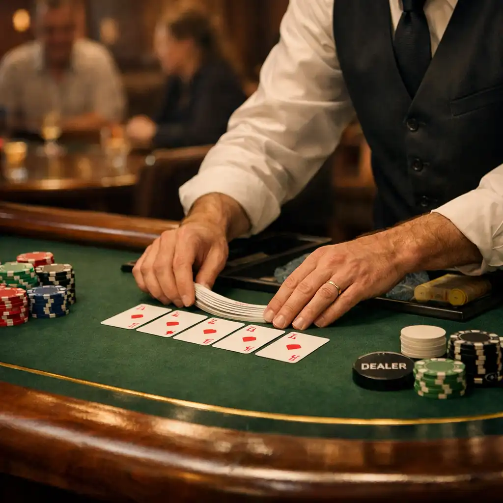 Dealer hands arranging cards and chips on a brass-edged green felt poker table