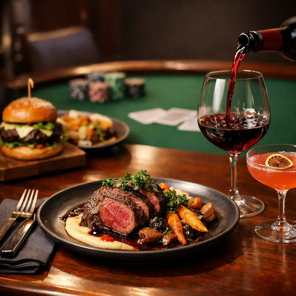 Modern Australian dinner, cocktail and wine beside a softly blurred poker table