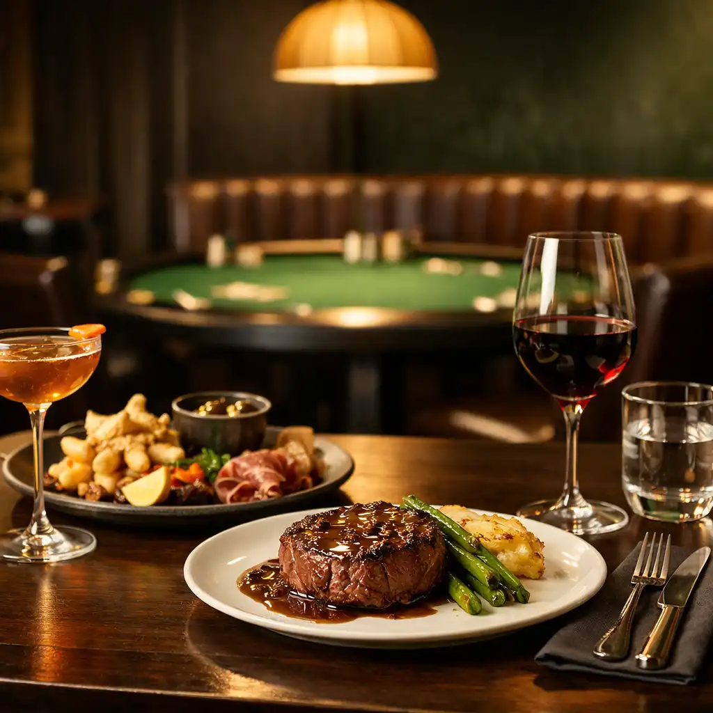 Steak, share plate, cocktail and wine on a dark timber restaurant table near the card room