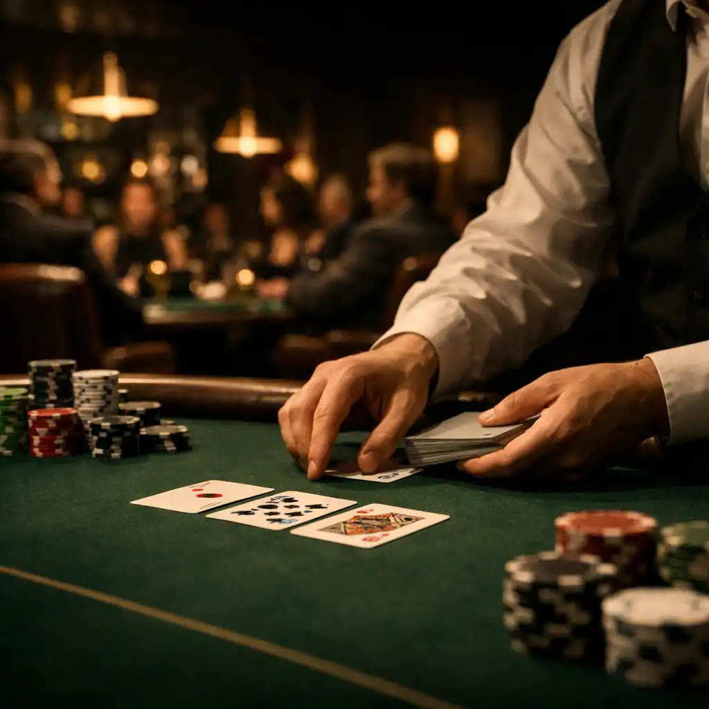 Dealer hands managing cards and chips over green felt in a warmly lit card room