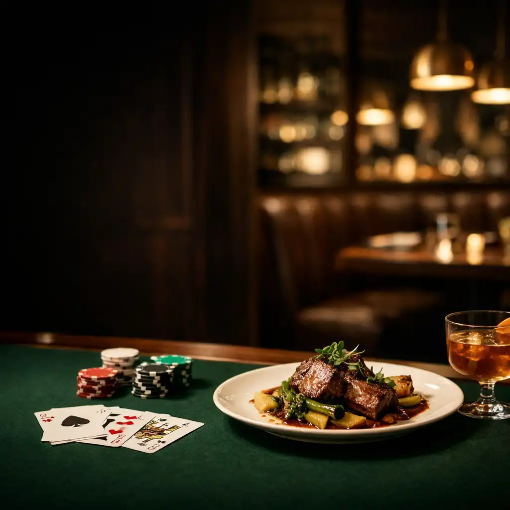 Plated dinner beside cards and chips on a green-felt poker table in warm evening light
