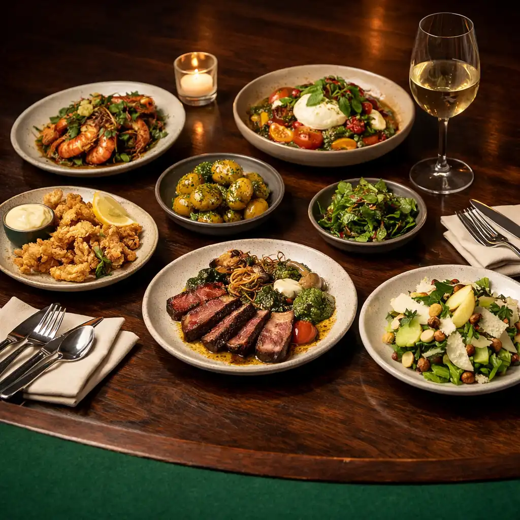 Modern Australian share plates on a dark timber table with a subtle green felt edge