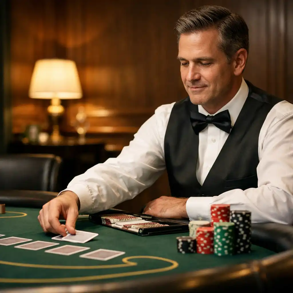 Professional dealer dealing cards beside neatly arranged chips at a refined green-felt poker table.