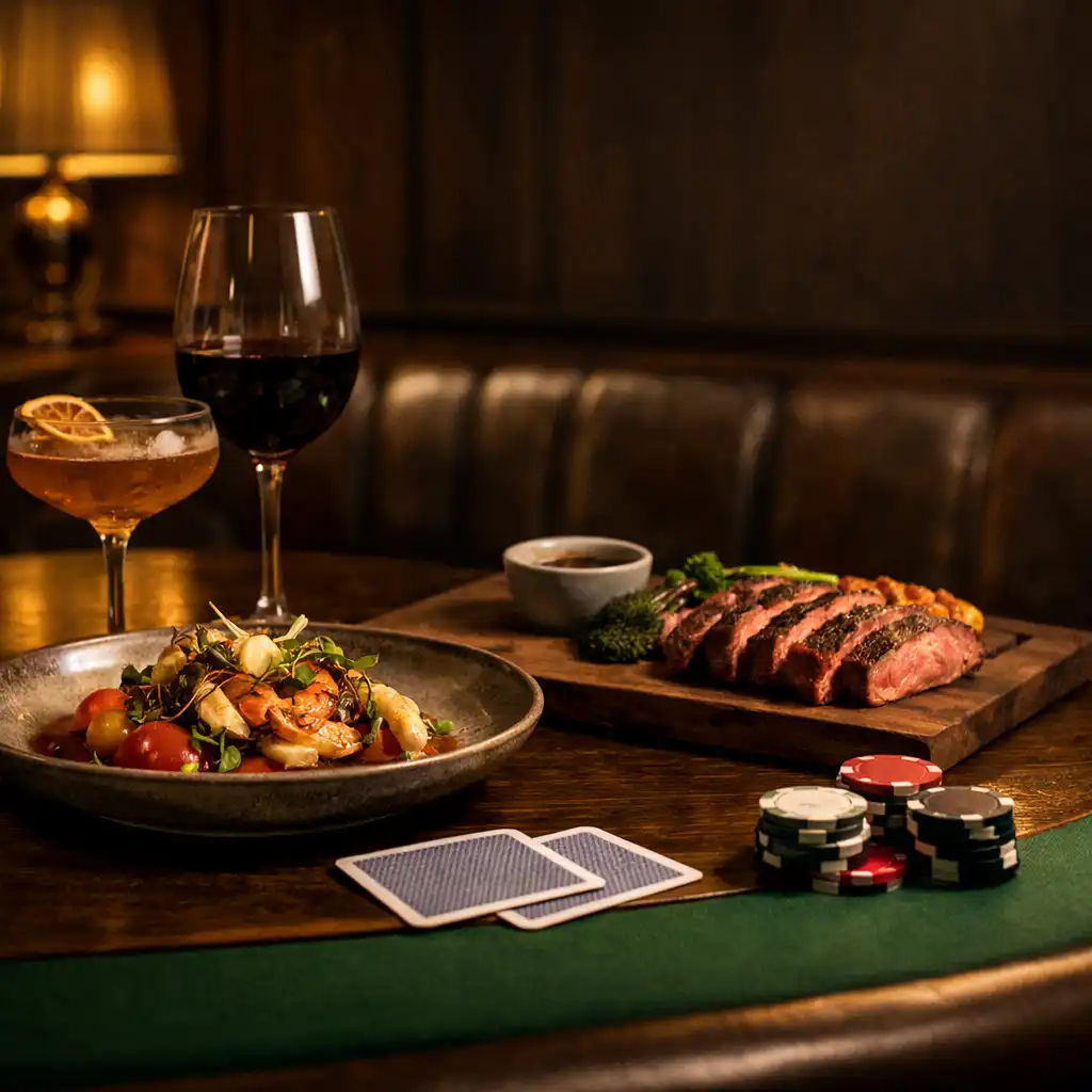 Modern Australian plated dish, cocktail and wine beside cards and the edge of a green-felt poker table.