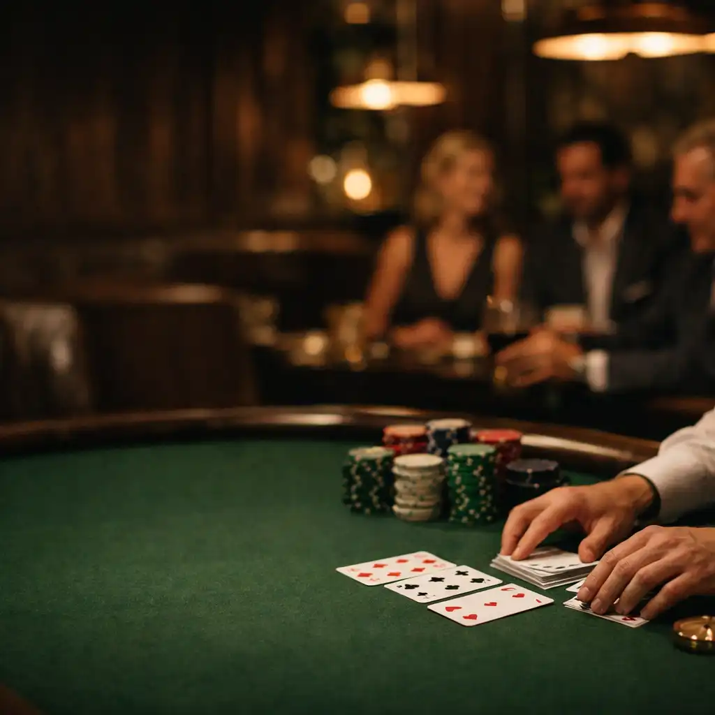Dealer hands arranging cards and chips on a green-felt poker table in Best10 Reviewss' warmly lit card room.