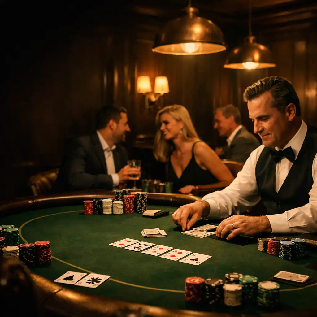 Dealer leading an offline poker night at a green felt table in a warmly lit card room