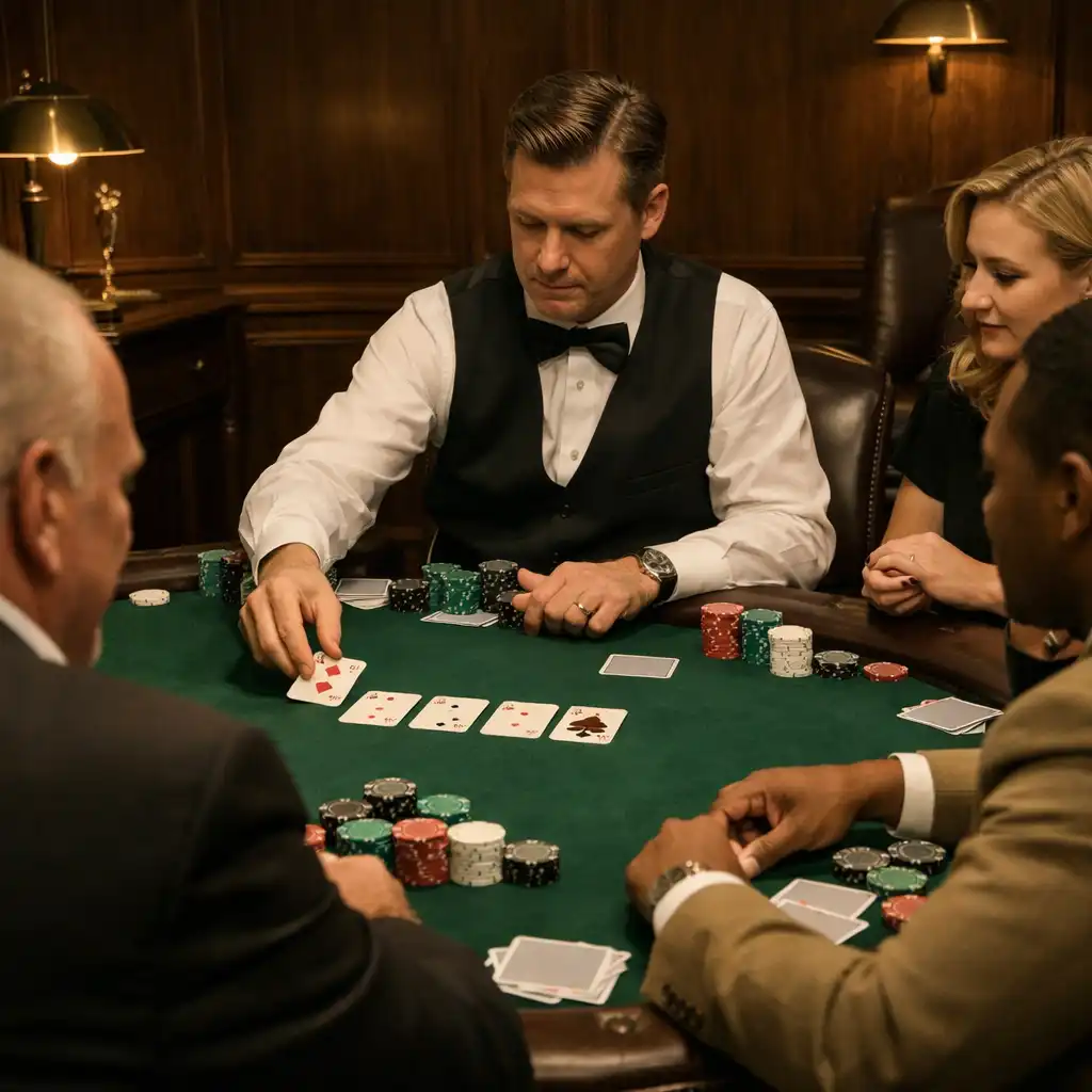 Dealer managing cards and chips at a Texas Hold’em table in a dedicated card room