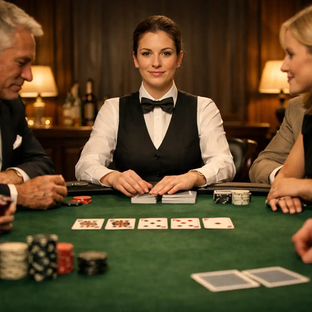 Dealer and guests gathered around a green felt Texas Hold'em table in a warm dedicated card room