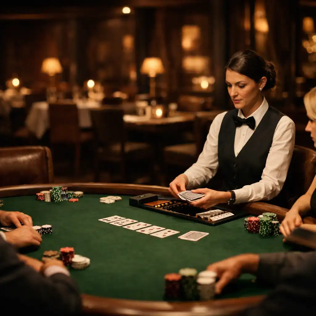 Dealer and guests around a green felt Texas Hold’em table in a warmly lit card room
