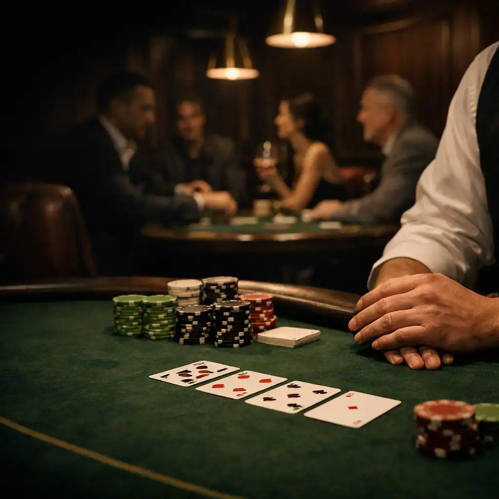 Dealer hands, cards and poker chips arranged on a green felt table in the Best10 Reviewss card room