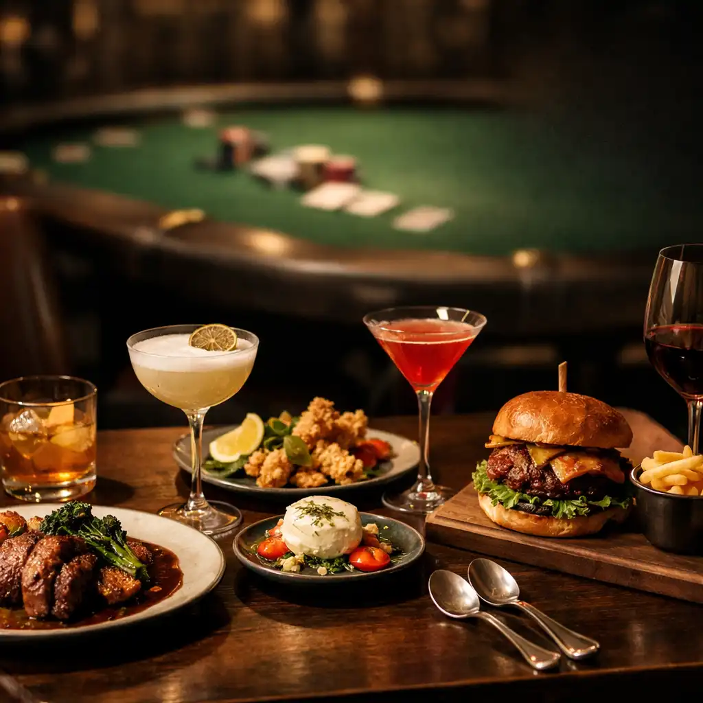 Modern Australian dinner with share plates, steak, cocktail and wine beside a softly blurred green felt poker table