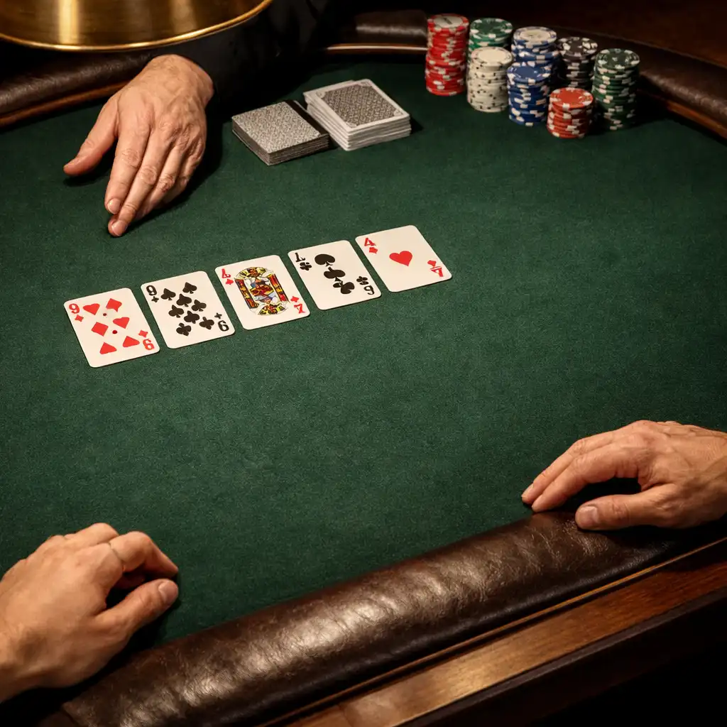 Dealer hand guiding cards and poker chips on a forest green Texas Hold’em table